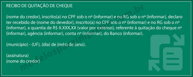 Modelo de recibo de quitação de cheque